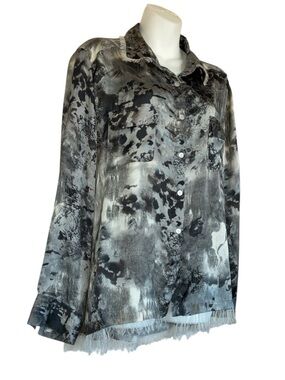 Quintessential Buttondown Blouse, Women's XL, Grey/Black, Silky, Fringed EUC